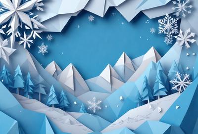 The primary subject of the image is a snowy mountain landscape. The setting is a blue sky with snow-covered mountains in the background. The visual style is a digital art or illustration, creating a realistic and visually appealing representation of the snowy mountain environment. The colors and mood of the image are predominantly blue, which adds to the cold and serene atmosphere of the scene.